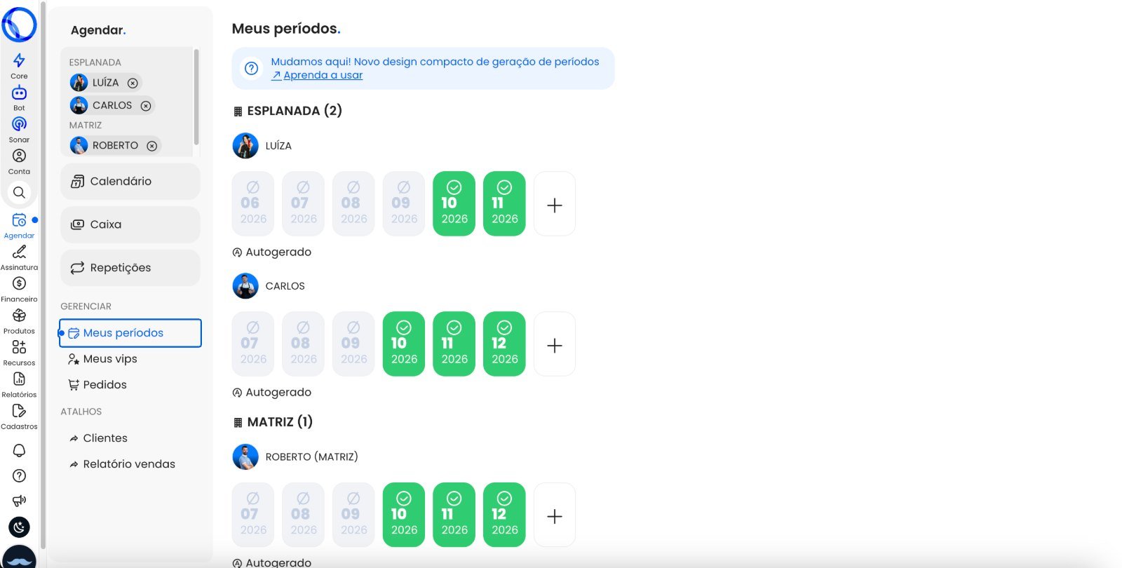 Tela de períodos de atendimento